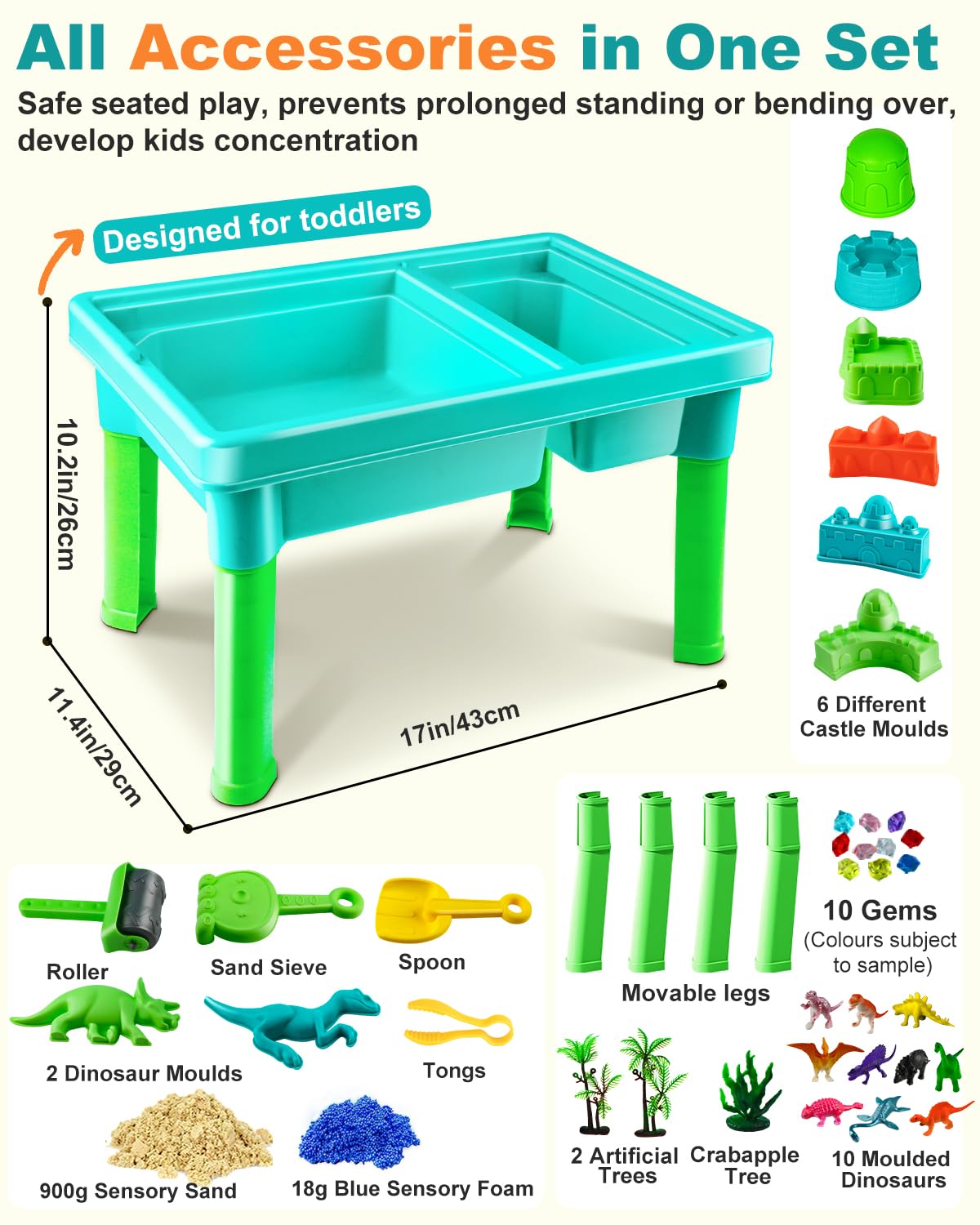 Toddler playing with dinosaur molds in Uiopy sand table