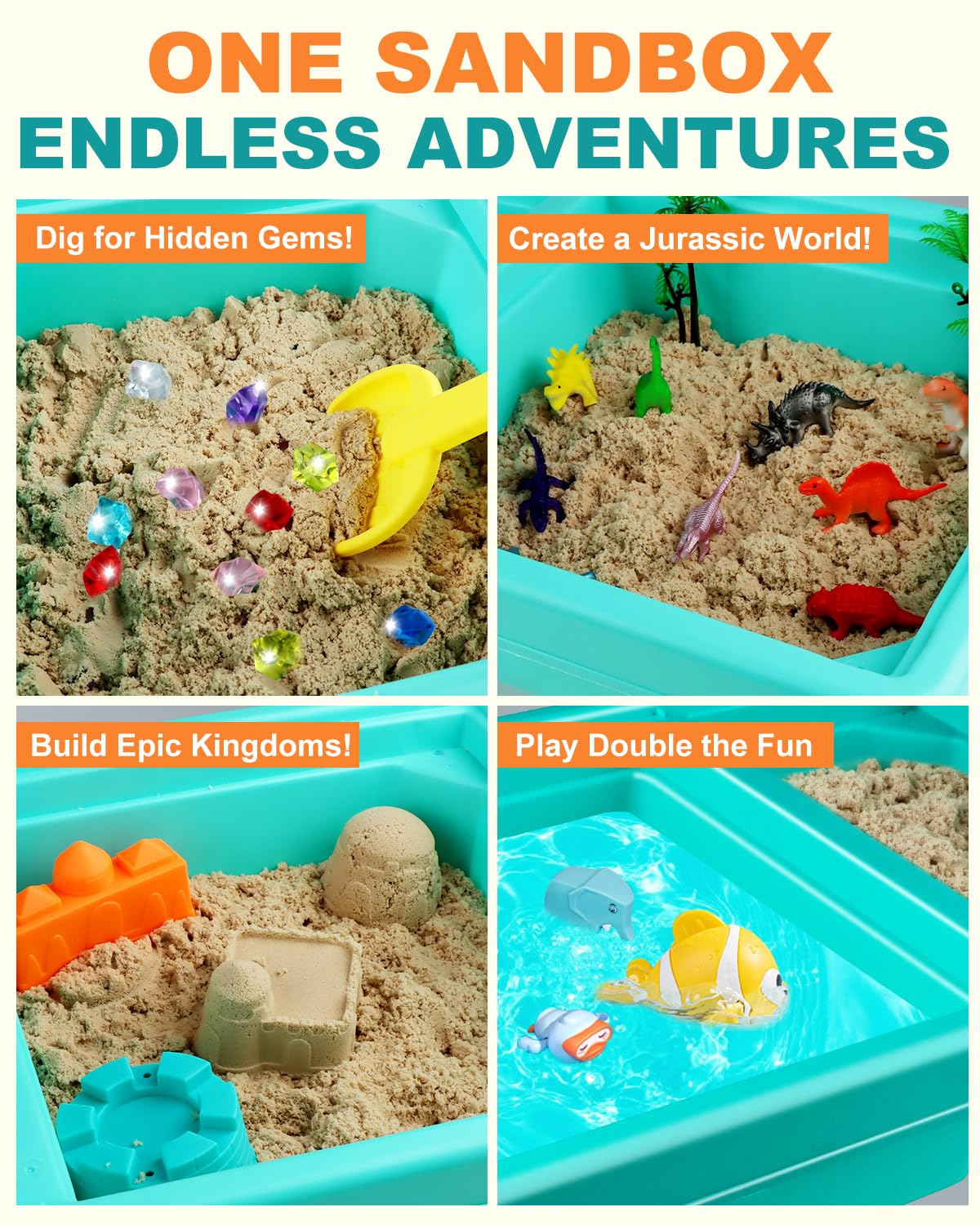 Close up of gem hunt excavation tools and kinetic sand