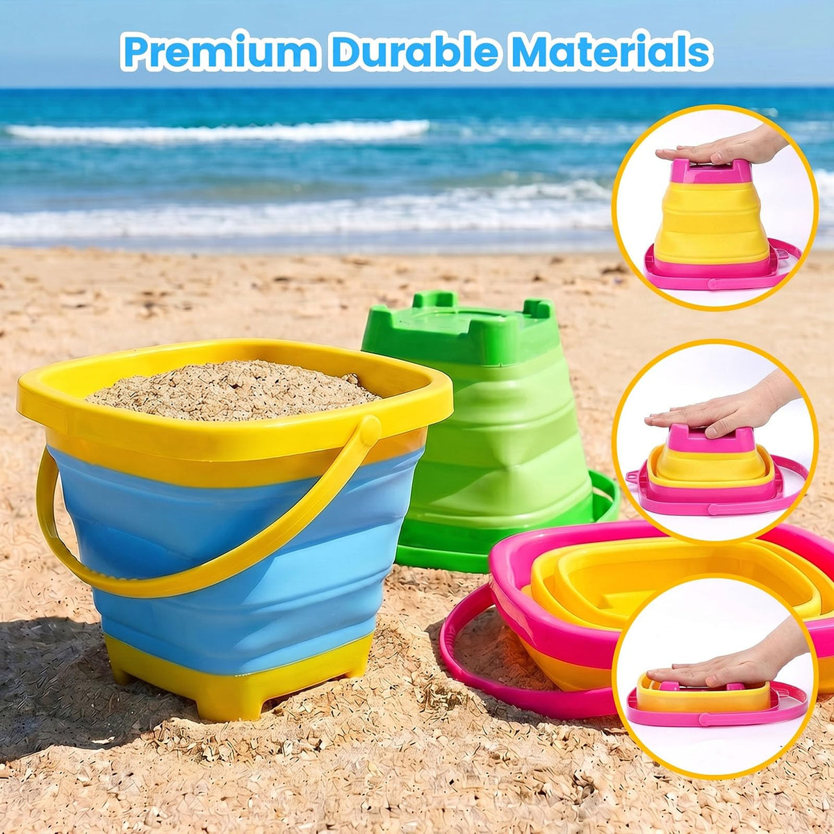 Three Shindel silicone pails in different vibrant colors