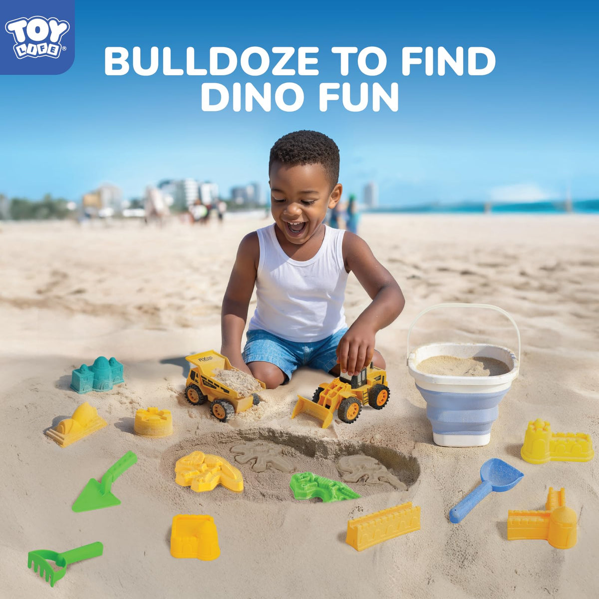 Portable mesh bag with dinosaur beach toys inside