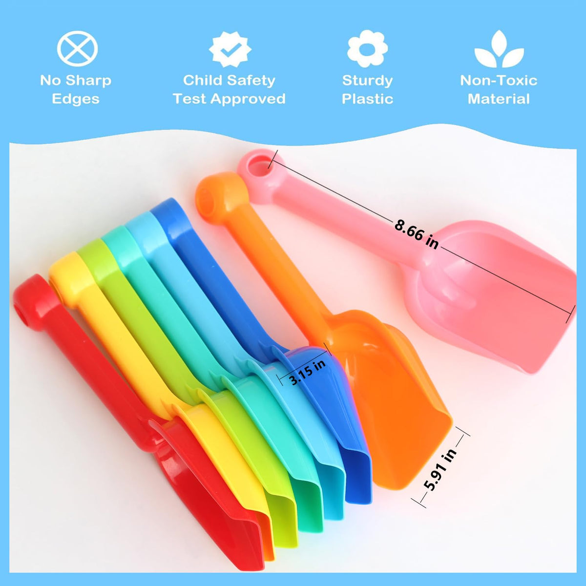 Eight pack of colorful Selterm sand shovels for kids