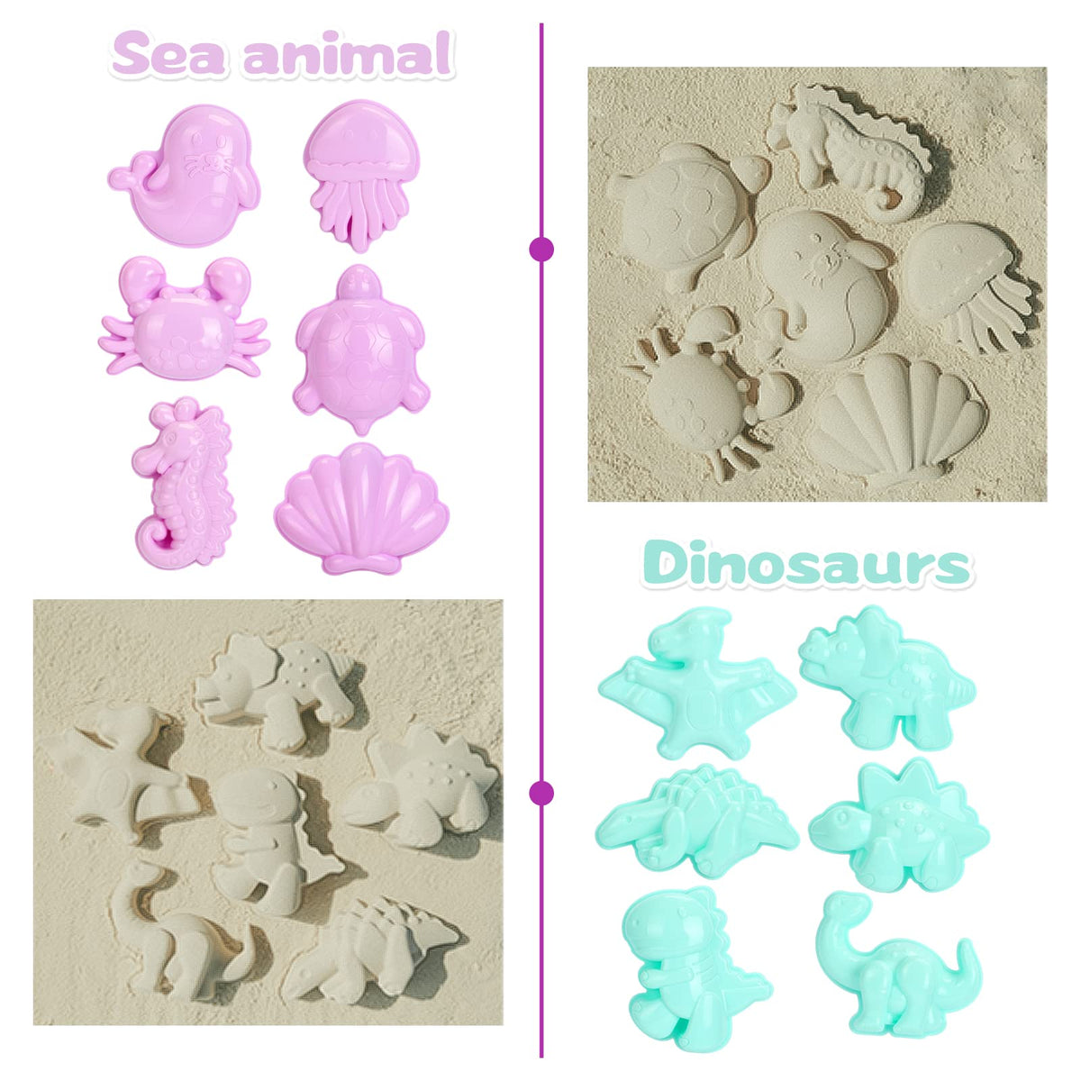 Close up of animal shaped sand molds from Tagitary beach set