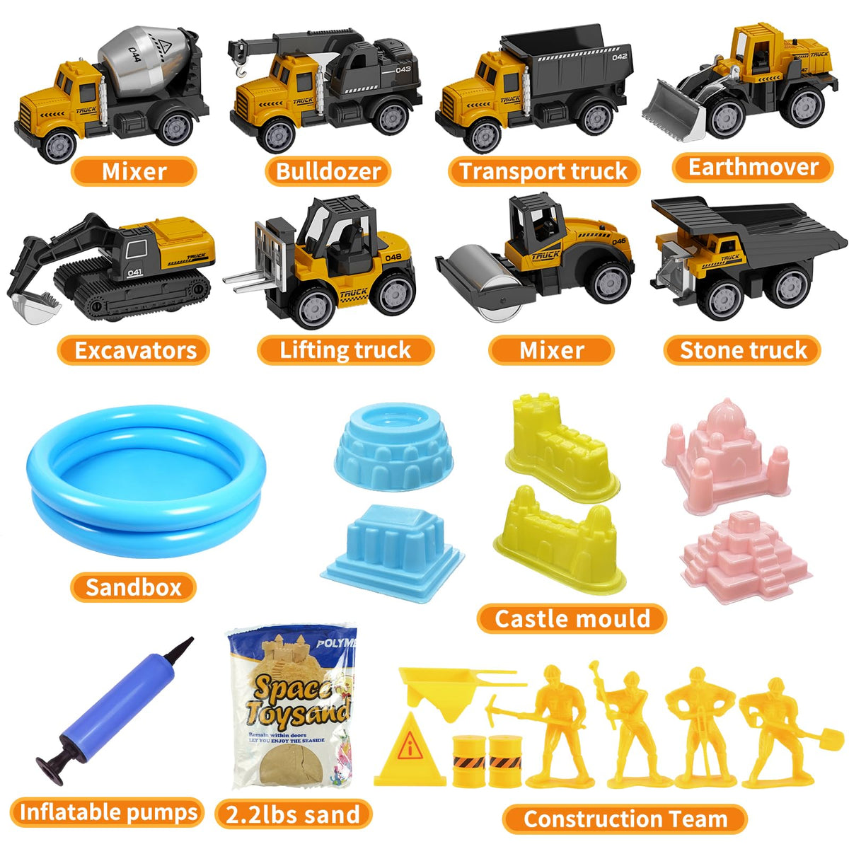 Children playing with magic sand and alloy construction trucks