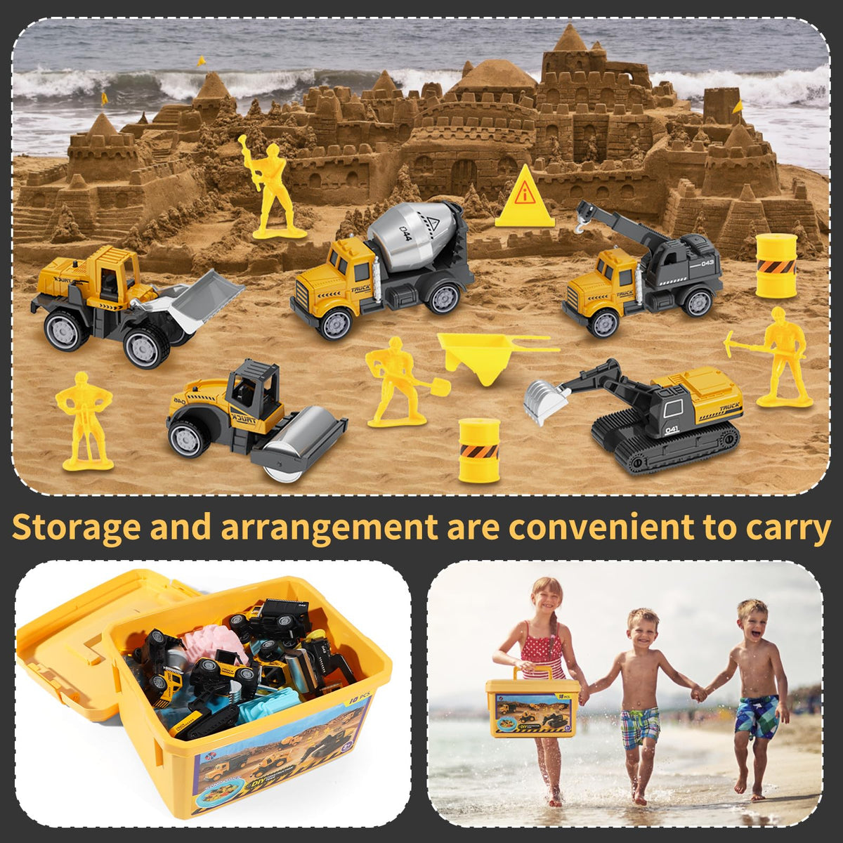 Inflatable sandbox filled with play sand and construction accessories