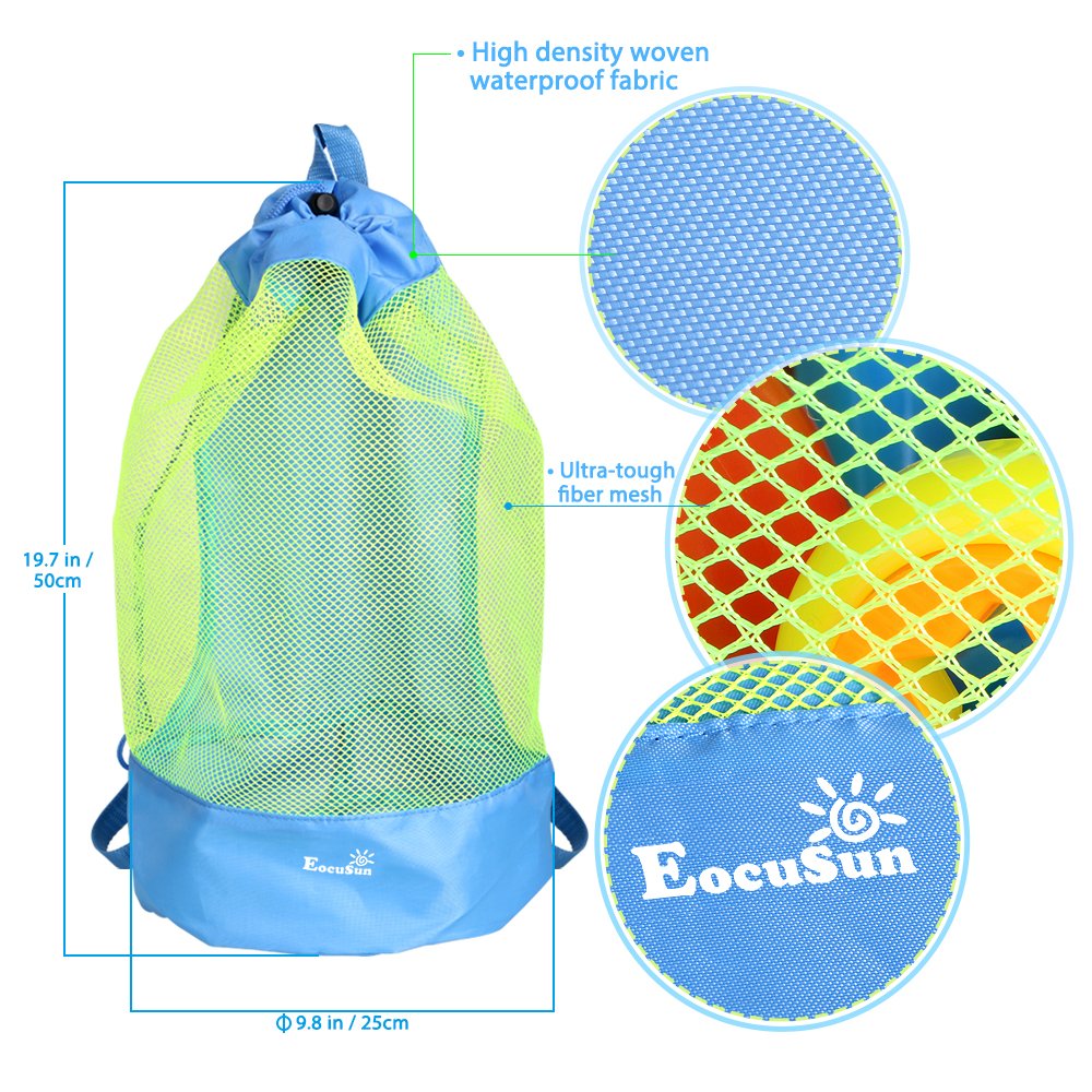 EocuSun durable mesh beach bag filled with colorful pool toys