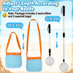 Two sand sifters with seashell bags for beachcombing