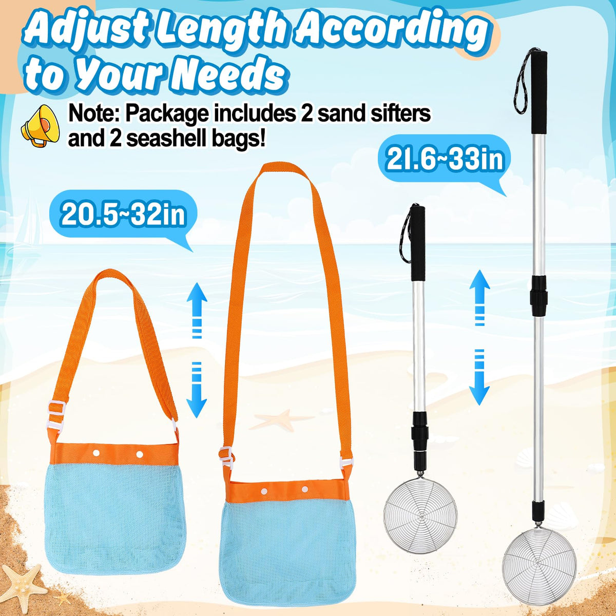 Two sand sifters with seashell bags for beachcombing