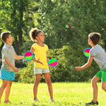 Close up of Aunnitery neon toss and catch paddle with adjustable strap