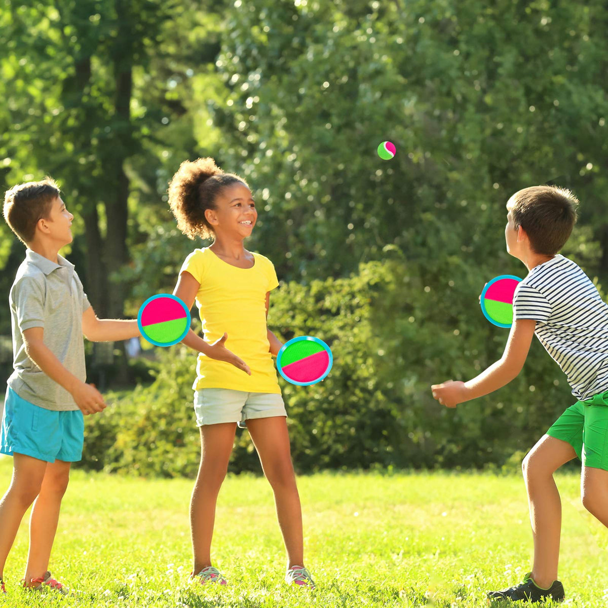 Close up of Aunnitery neon toss and catch paddle with adjustable strap