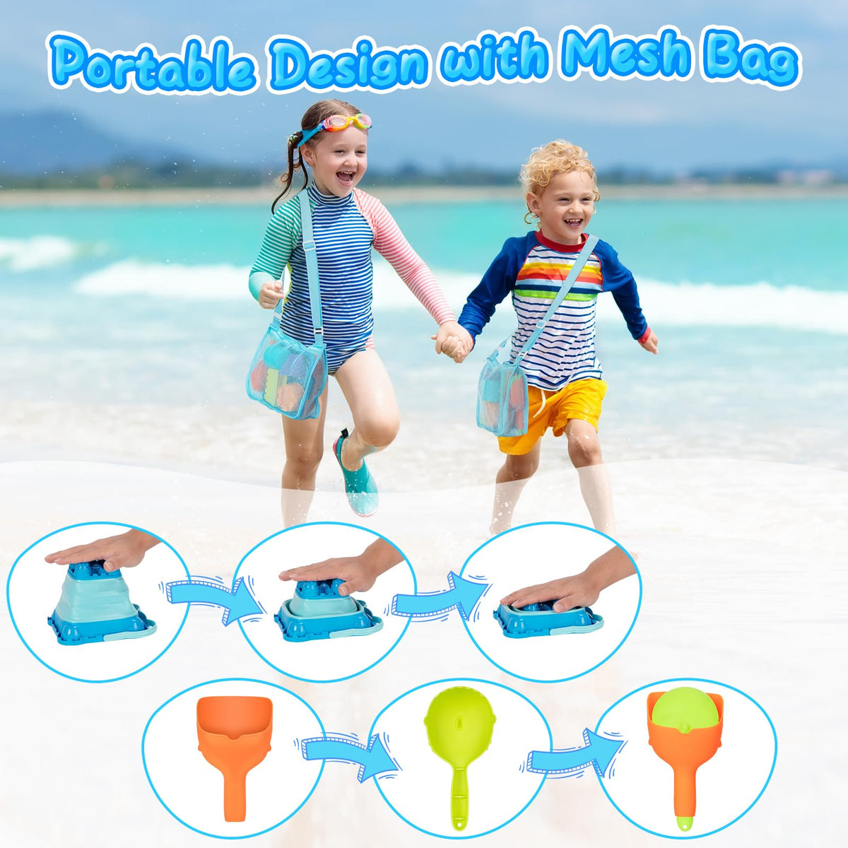 Hugcaty sand castle building kit packed in mesh storage bag