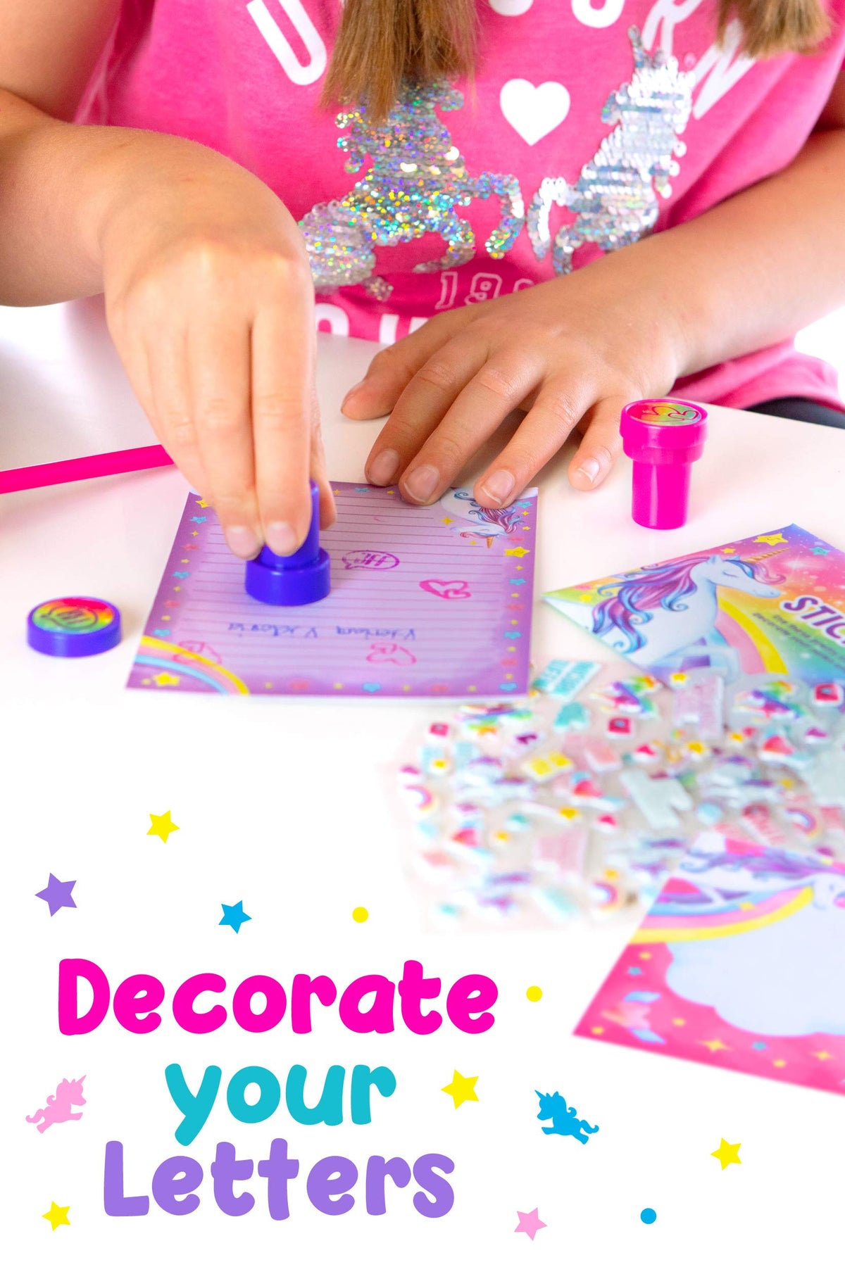 Original Stationery unicorn theme ruled paper sheets and matching envelopes side-by-side.