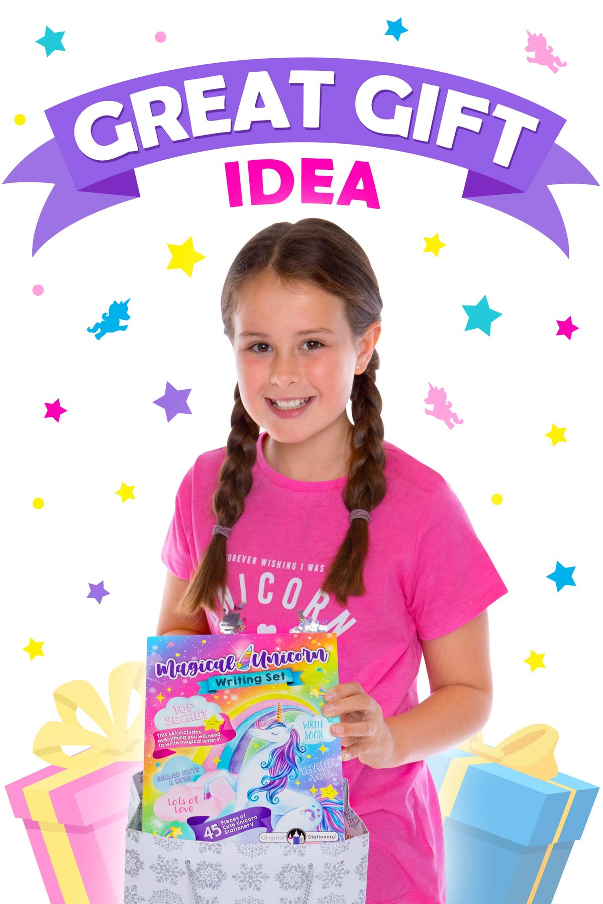 Puffy stickers and ink stampers sheet included in the 45-piece girls stationery set.