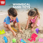 Children playing with Toy Life sandcastle building tools at the beach