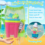 Children playing with colorful sandcastle tools and mesh bag