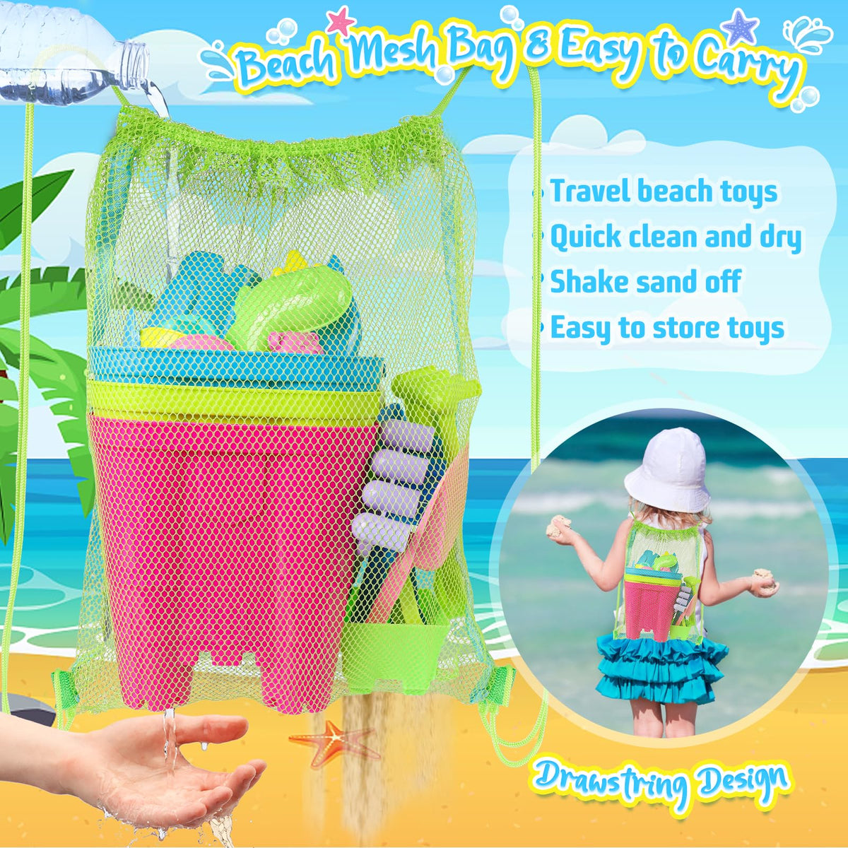 Children playing with colorful sandcastle tools and mesh bag