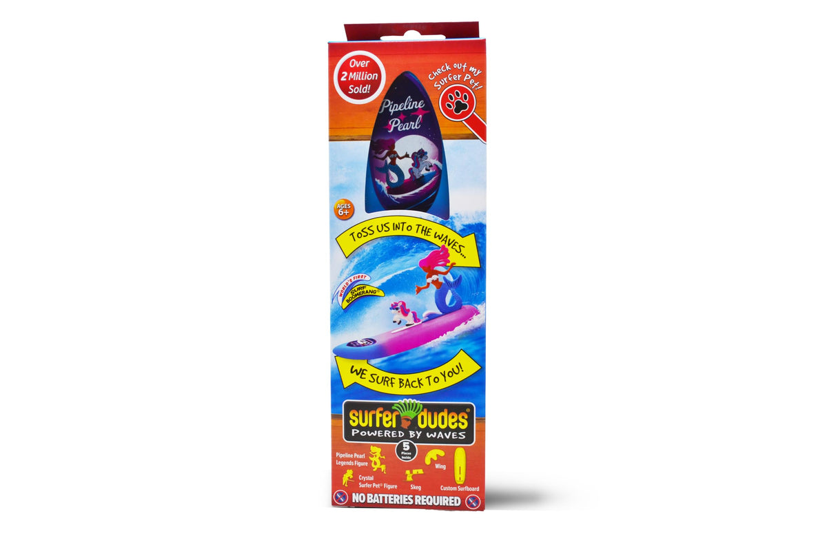 Surfer Dudes mermaid figure and unicorn pet on surfboard