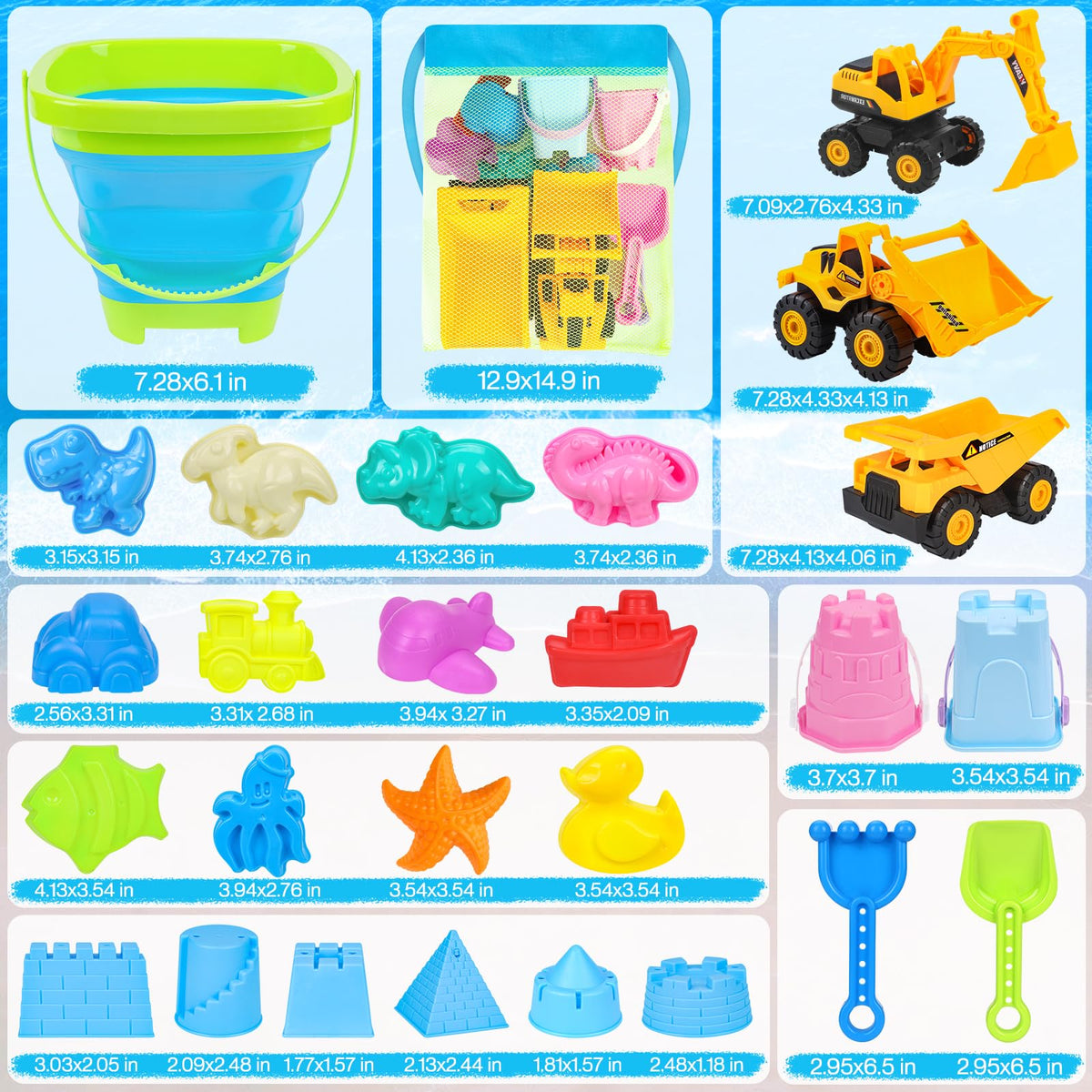 Full 35-piece beach toy set packed in a convenient mesh storage bag