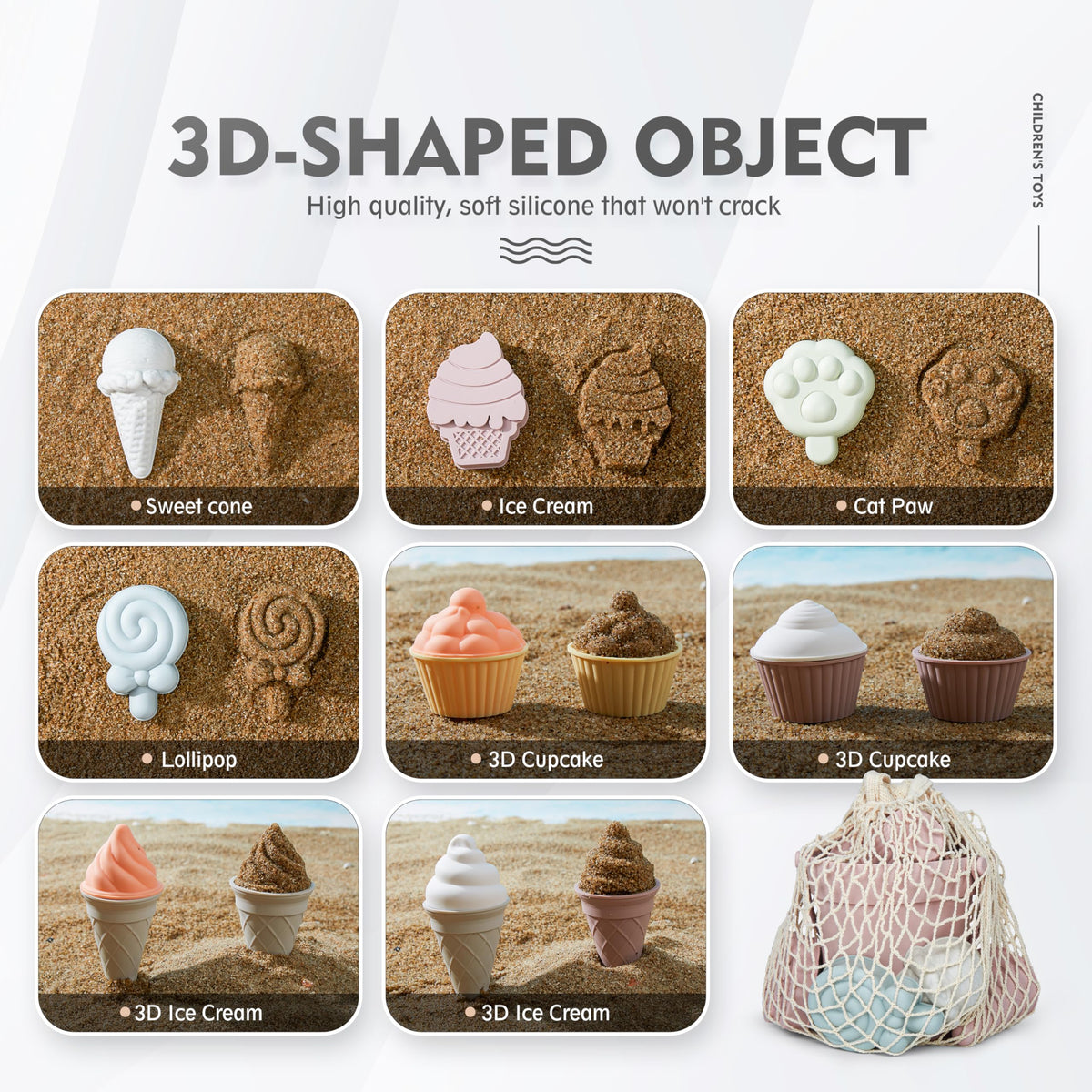 Close up of 3D ice cream sand molds for kids