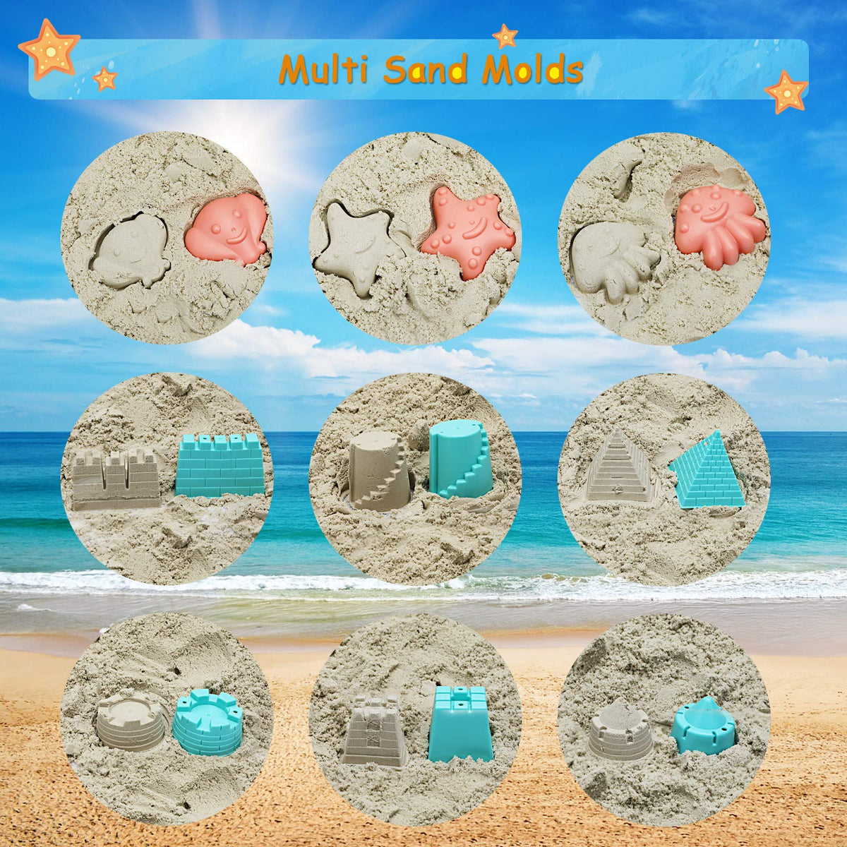 Full contents of Racpnel sand toys kit including mesh bag