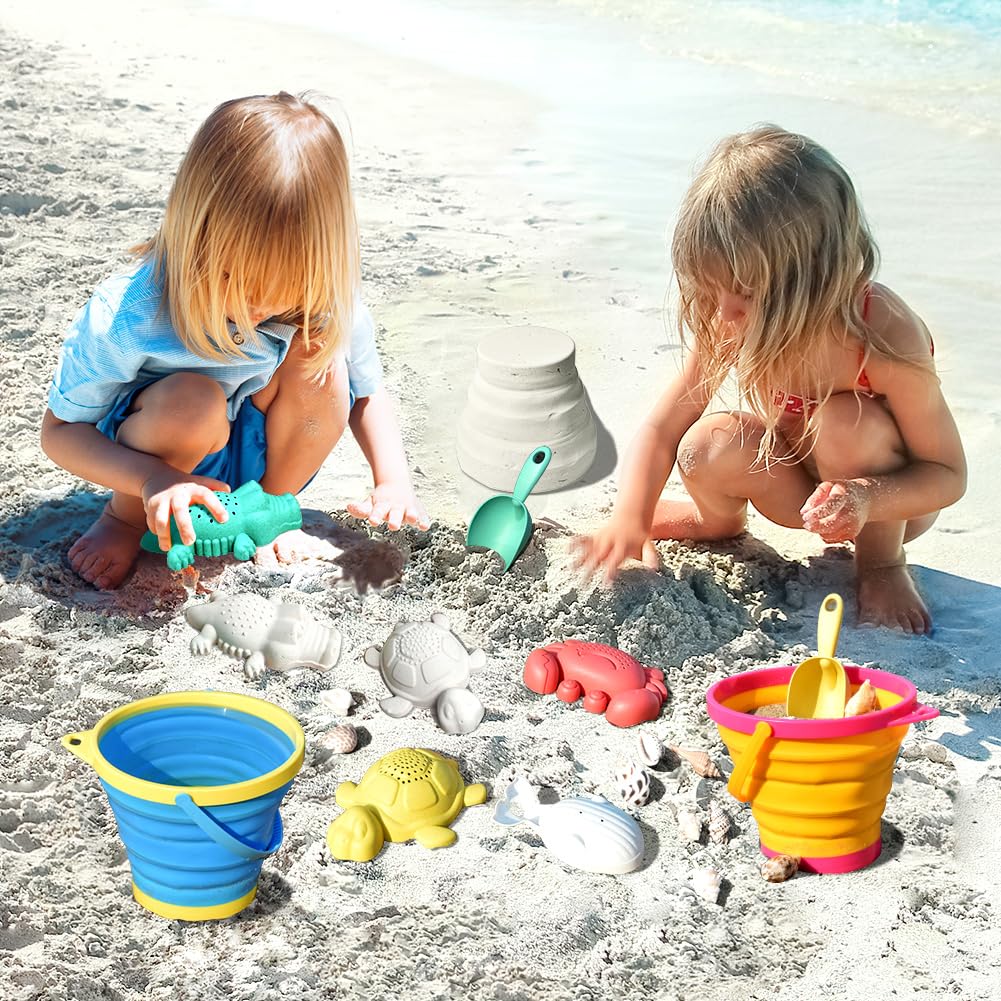 Detailed view of collapsible silicone buckets for sandbox play