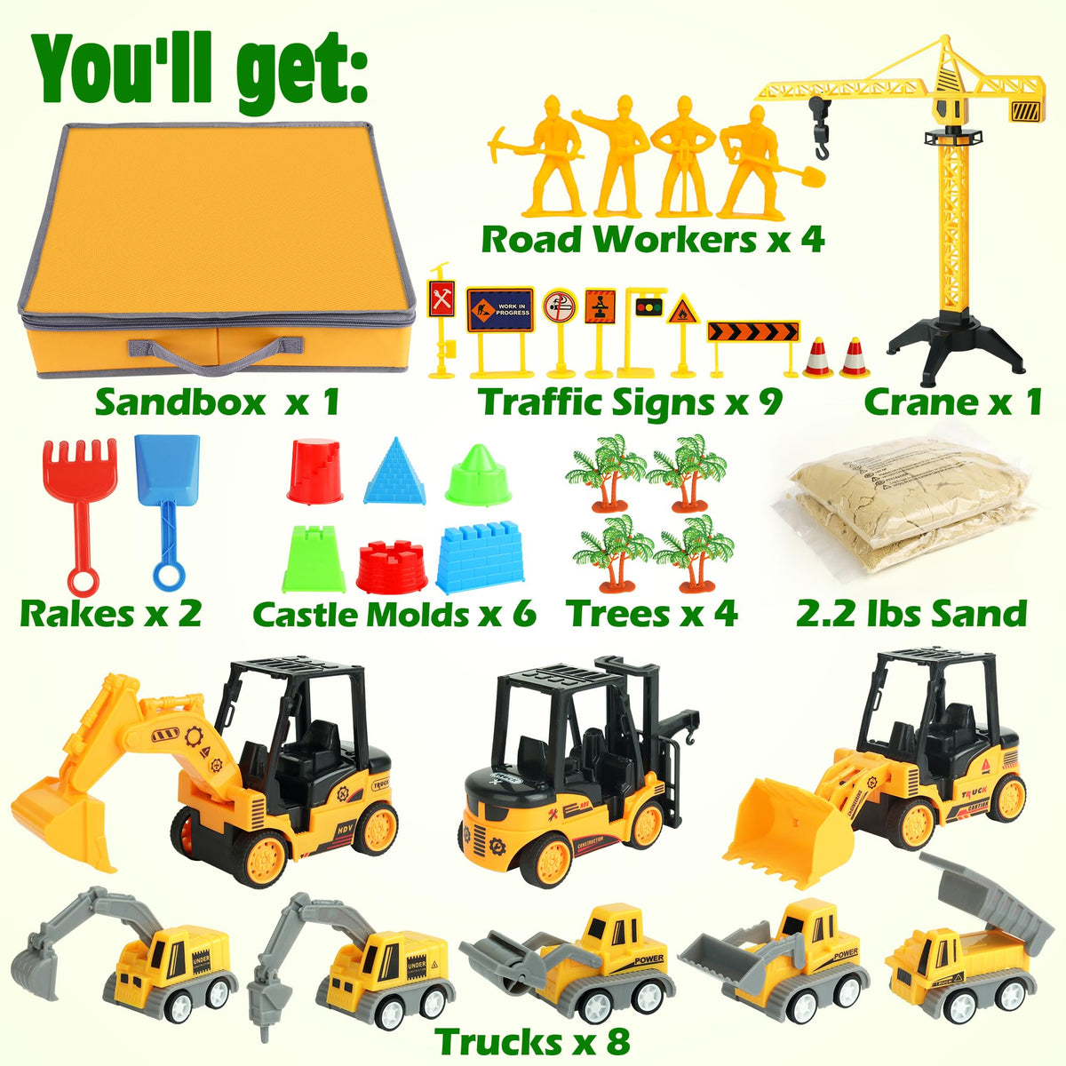Billeeit sensory sand set with miniature construction vehicles