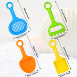 Assorted colorful plastic shovels and sifters for beach play