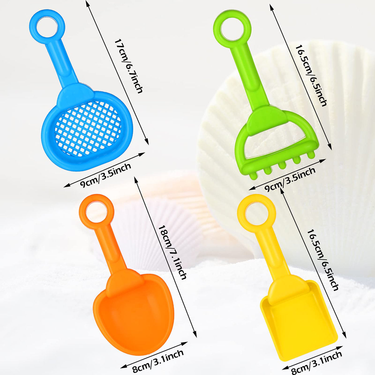 Assorted colorful plastic shovels and sifters for beach play
