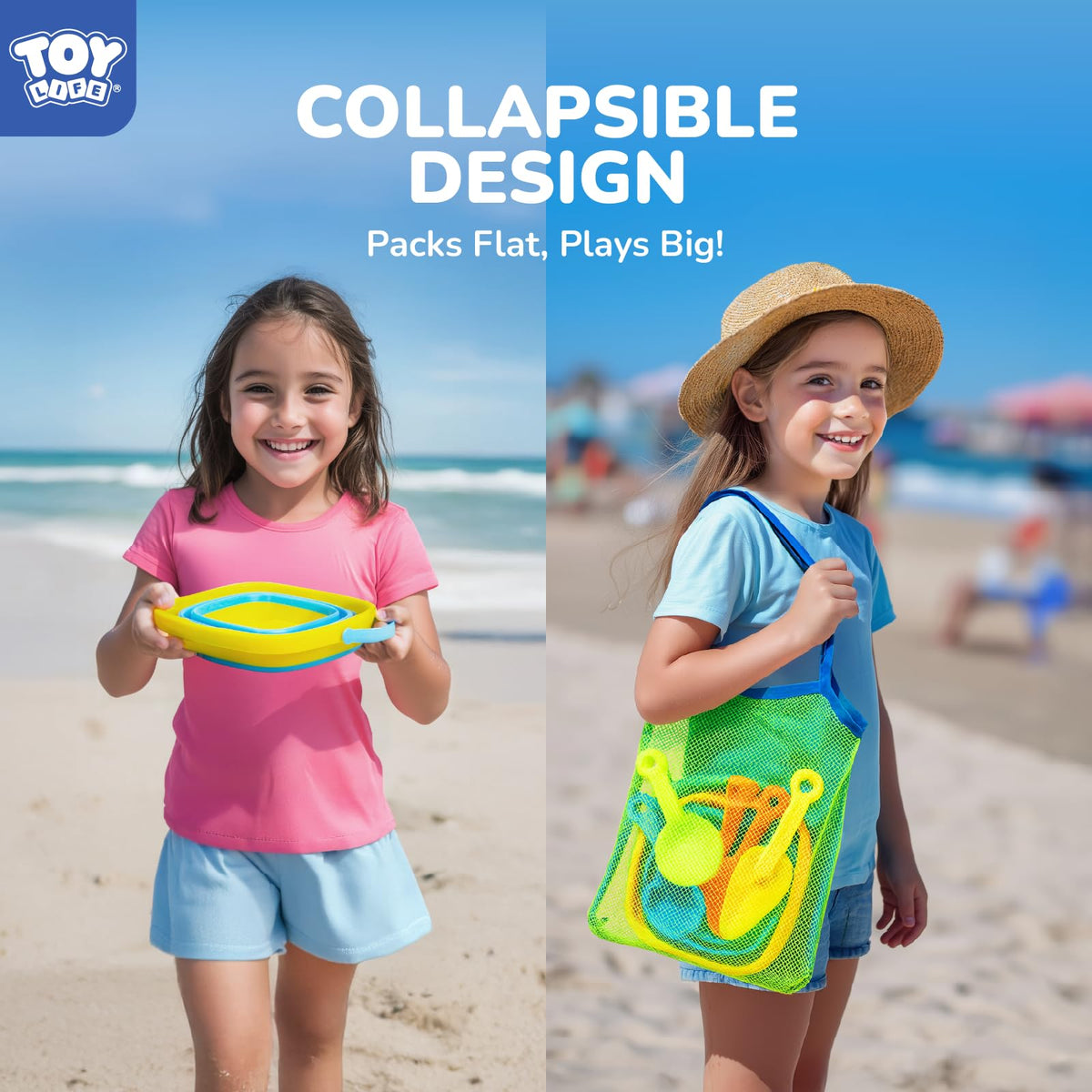 Collapsible silicone sand buckets by Toy Life showing foldability