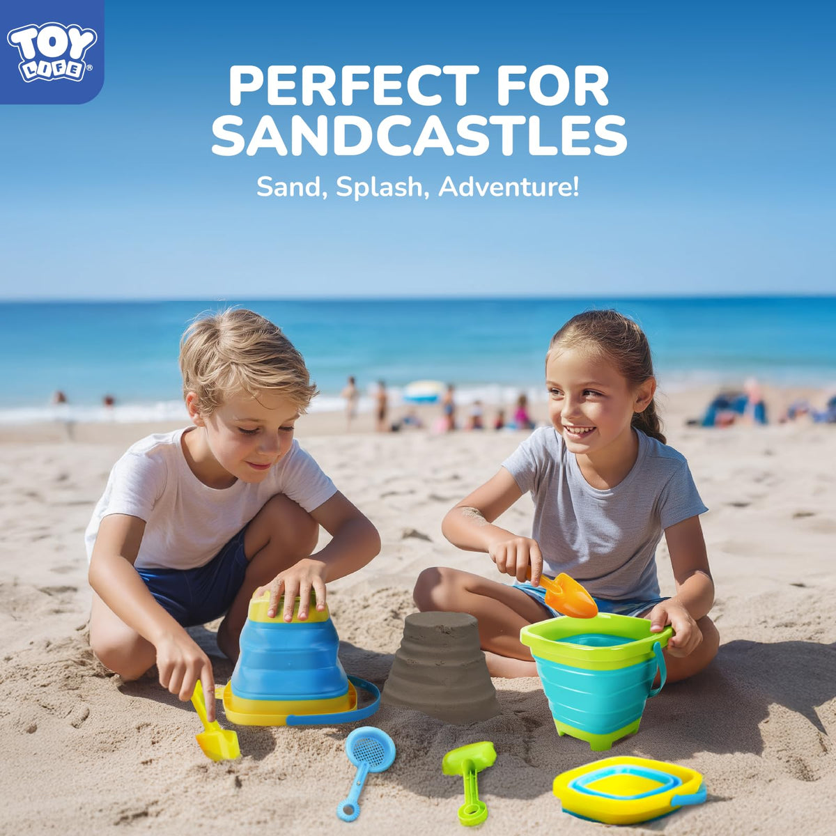 Kids playing with Toy Life silicone beach buckets and shovels