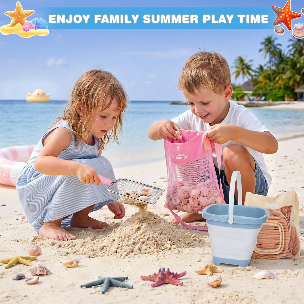 Children using Dreamon mesh sifters for beach treasure hunting.