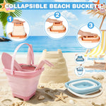 Collapsible buckets and sand tools inside mesh storage bags.