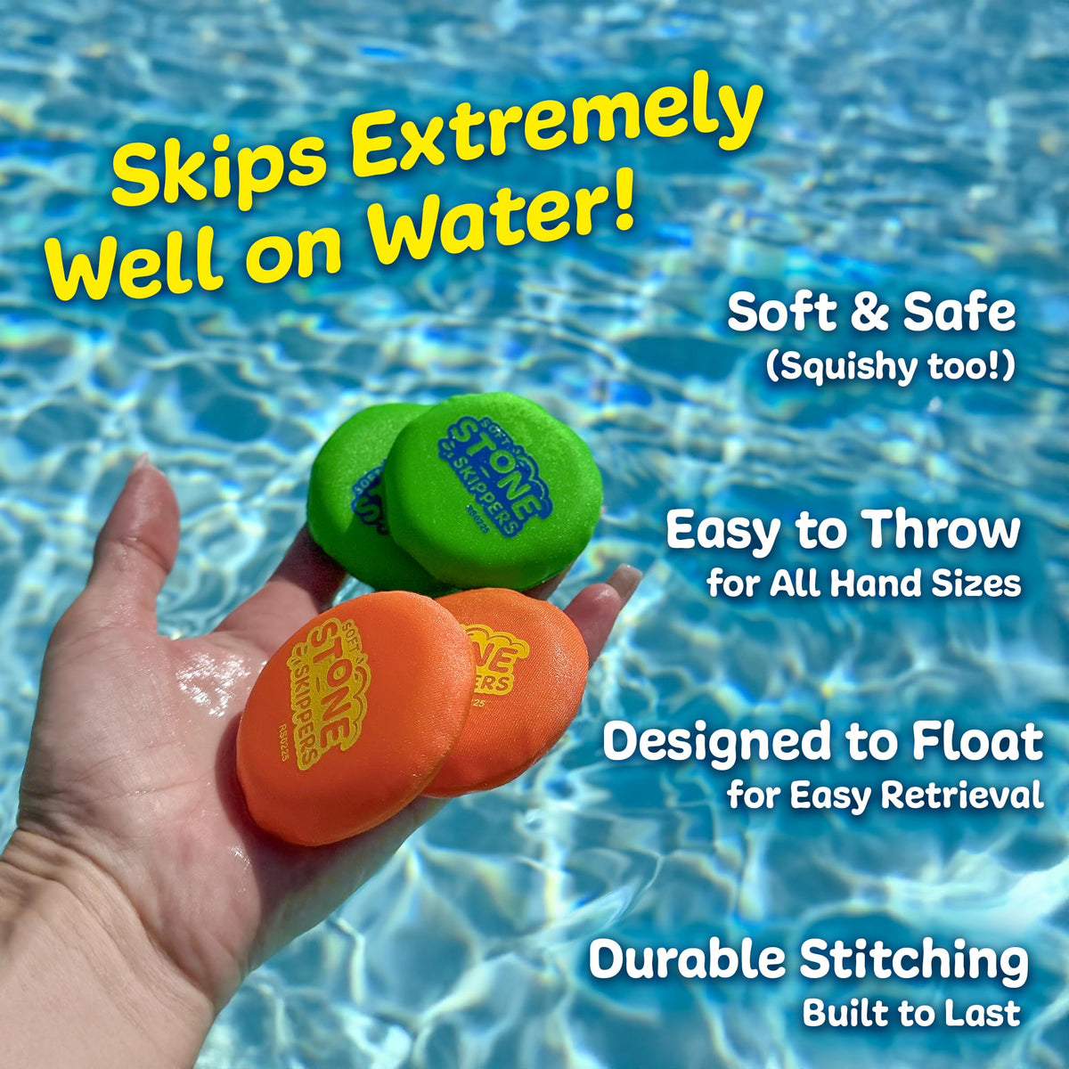 Action shot of skipping disc gliding across pool water