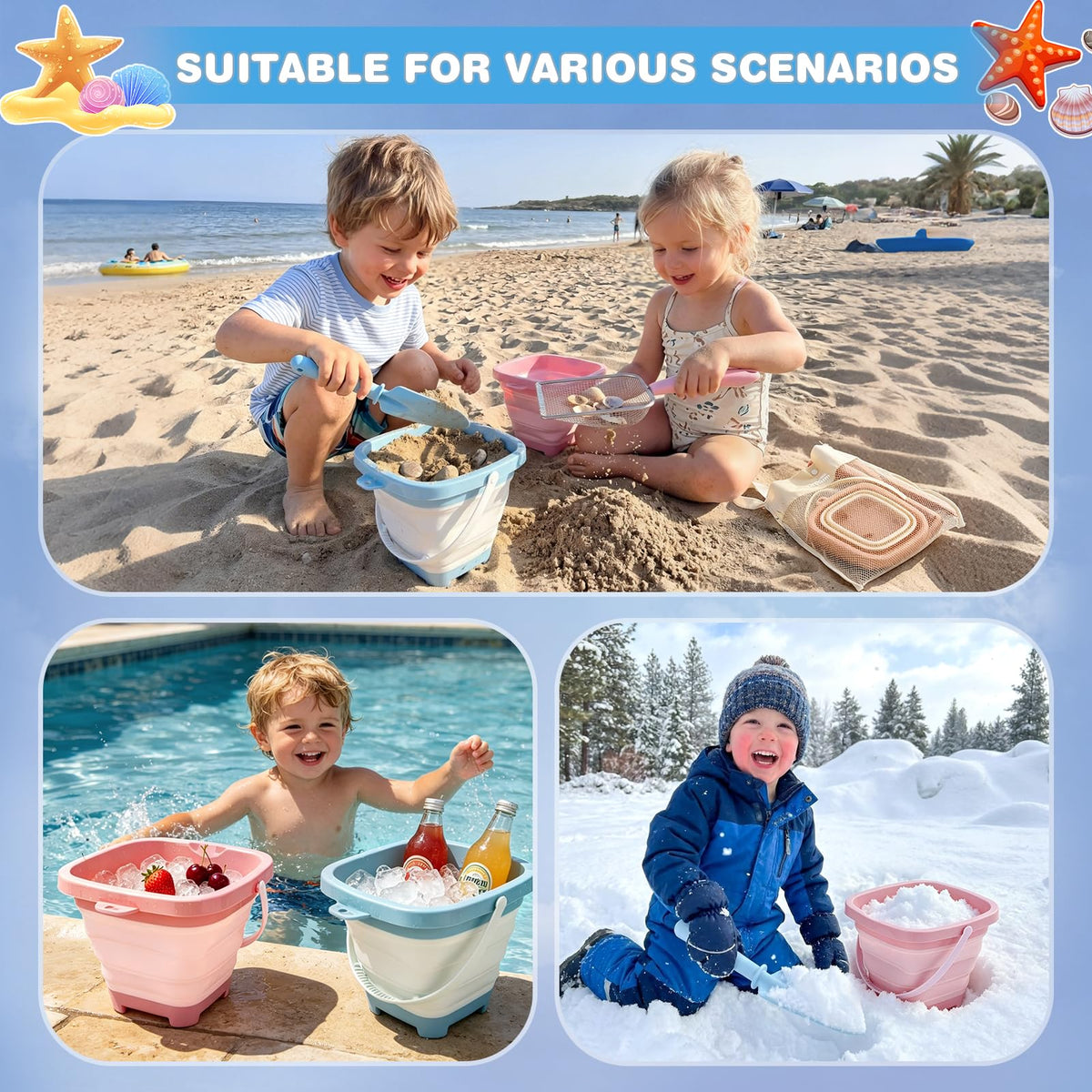 Three pack beach sand toy set packed for travel.