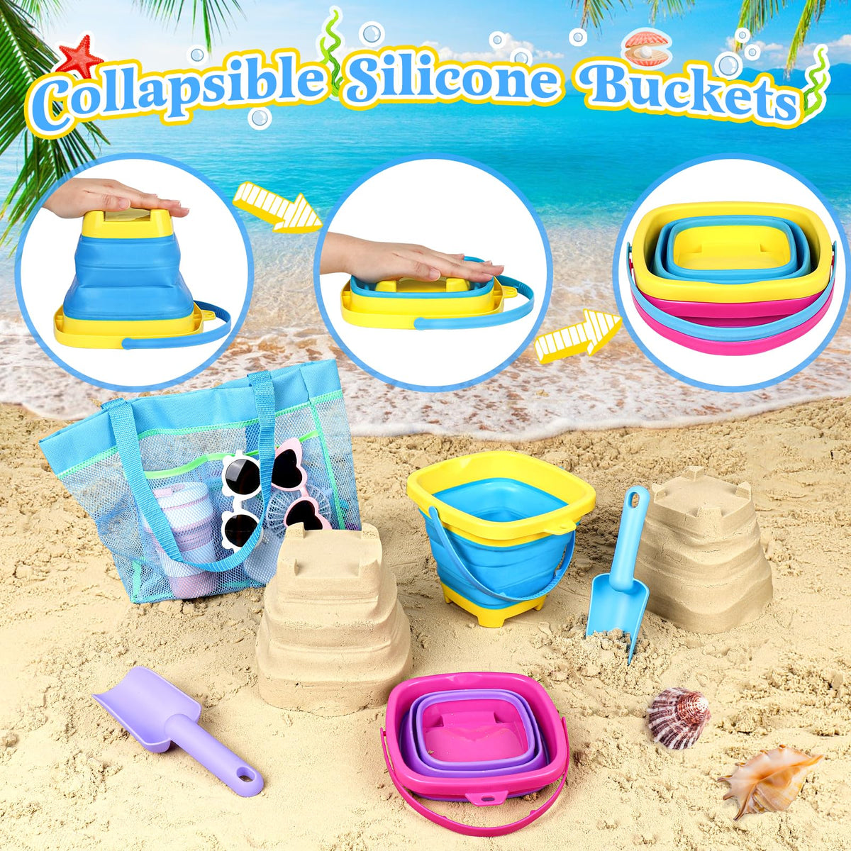Two foldable blue and yellow silicone sand pails for kids