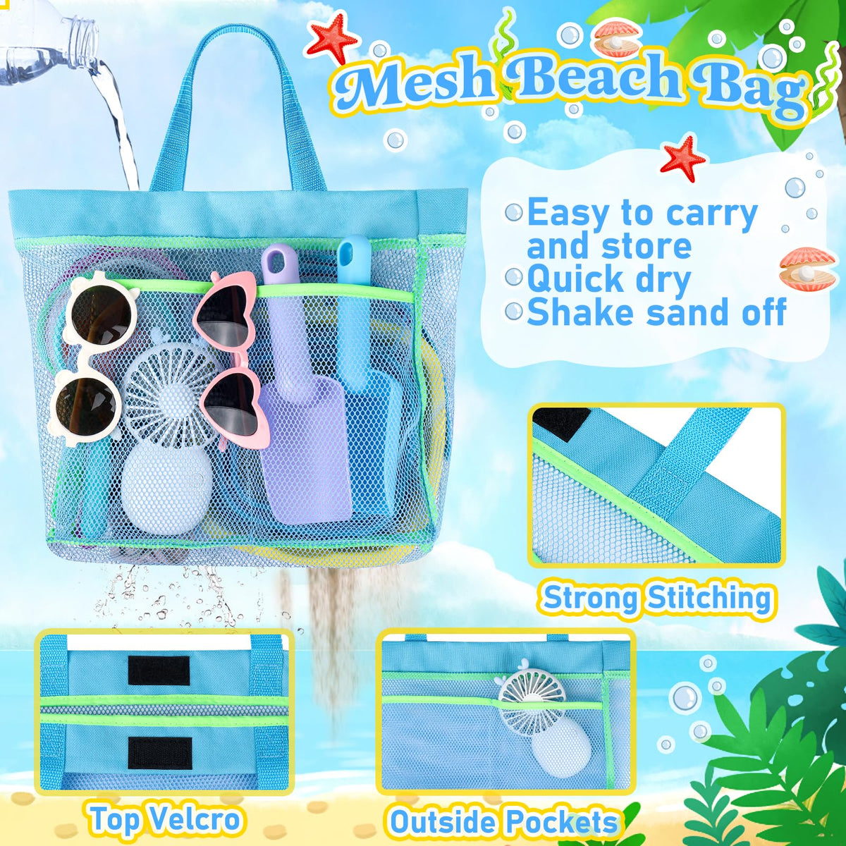 Collapsible beach bucket set with mesh bag for easy travel