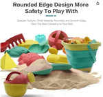 Premium child safe silicone sandcastle building kit with foldable bucket and animal shapes for outdoor play.