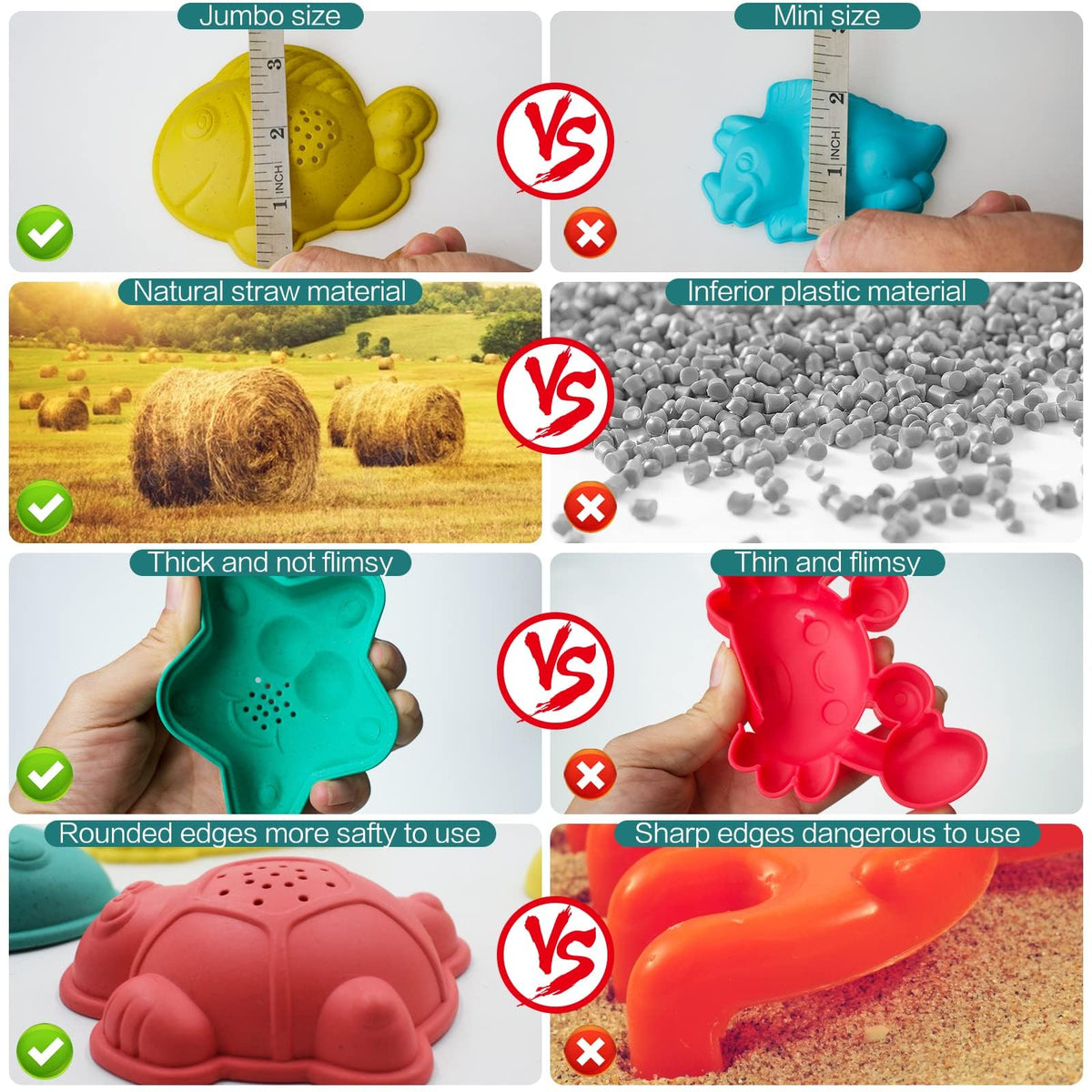Eco friendly straw material kids sandbox toys containing a durable shovel and sand rake for toddler beach games.