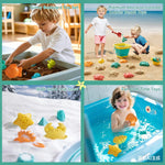Portable travel beach toy set for toddlers packed neatly inside the included breathable mesh storage bag.