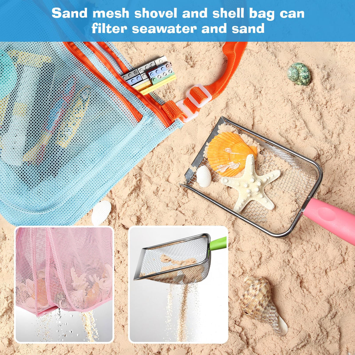 Top view of beach shell collecting tool set