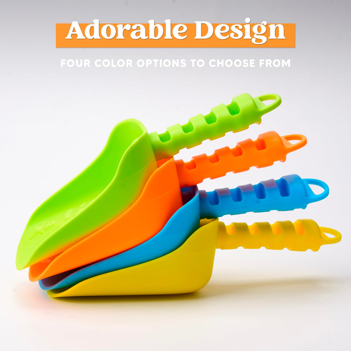 Set of four vibrant blue and green sand shovels