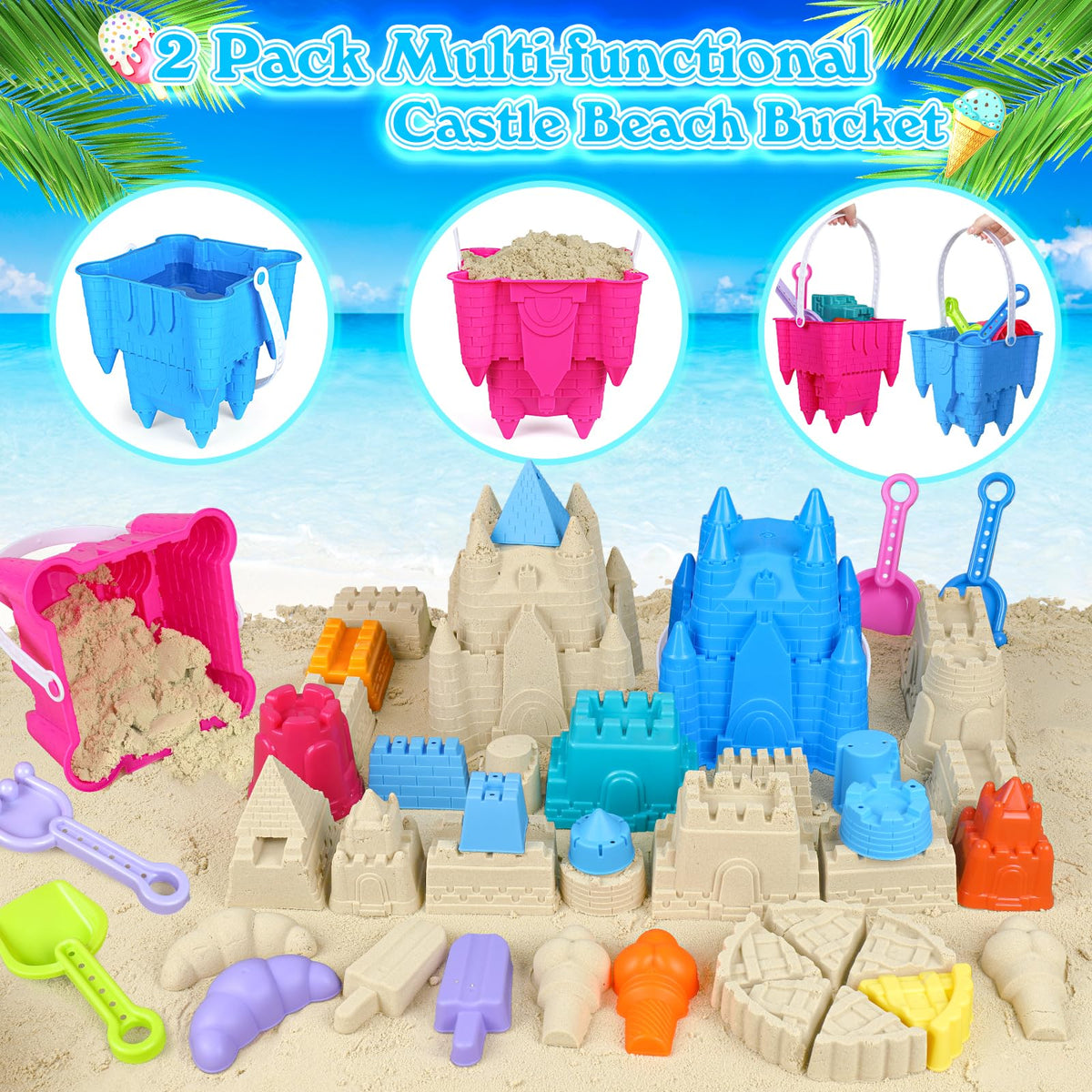 Close up of castle sand molds and plastic rakes for kids.