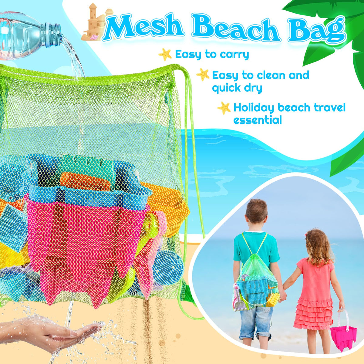 Blue and yellow castle beach buckets with ergonomic handles.