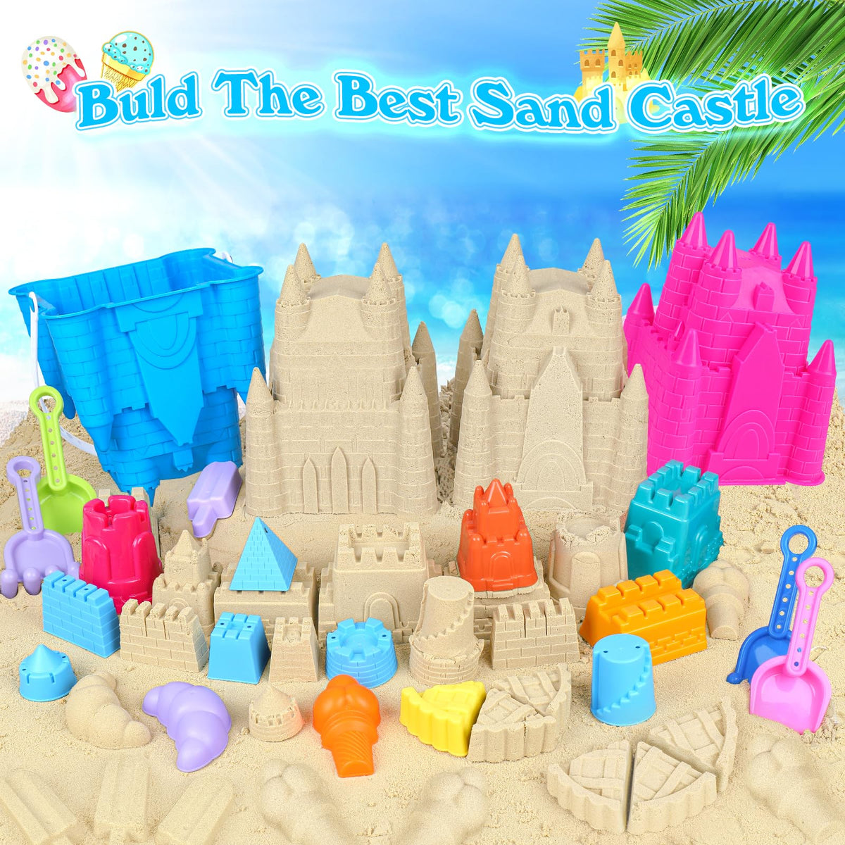 Full collection of Fuspweao sand toys displayed with mesh bag.
