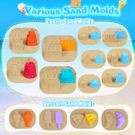 Toddler playing with sand castle molds and shovels at the beach.