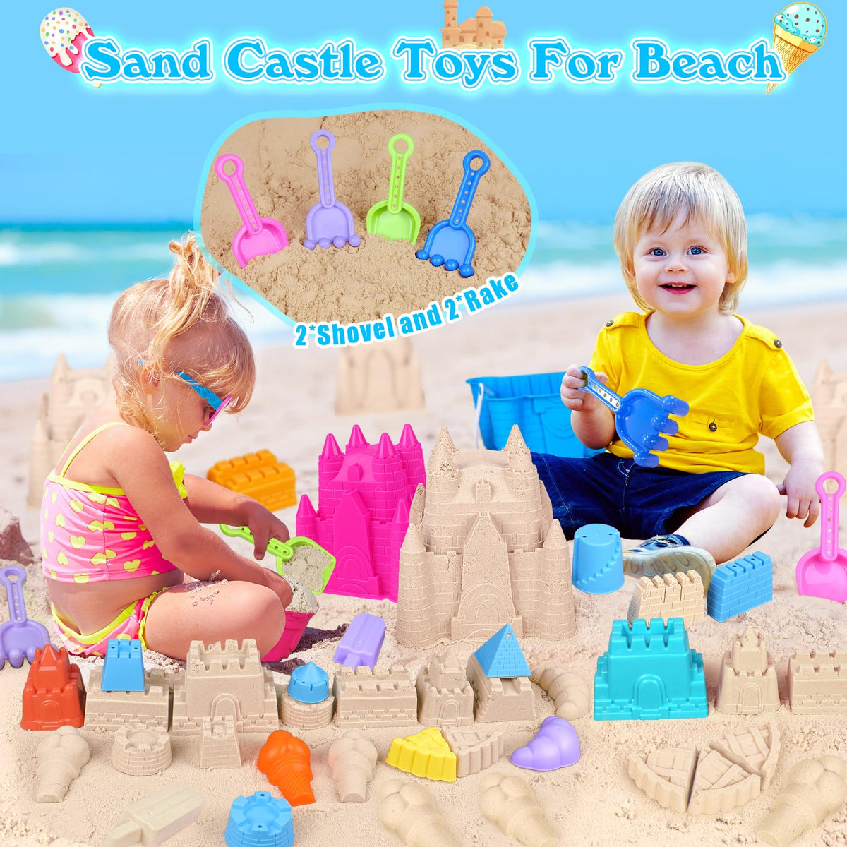 Travel-ready sand toy set packed inside a durable mesh bag.