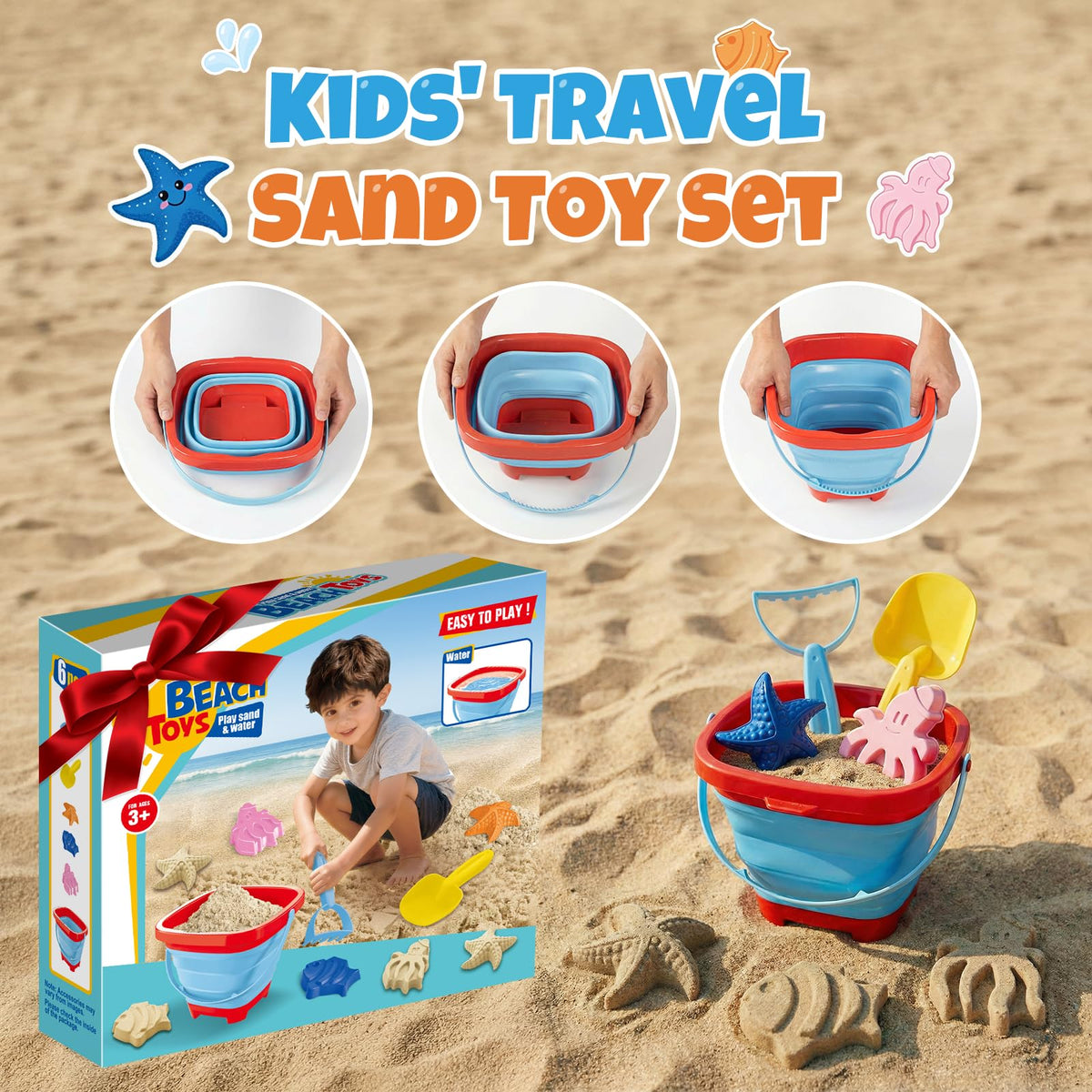 Compact portable beach toy kit with mesh storage bag