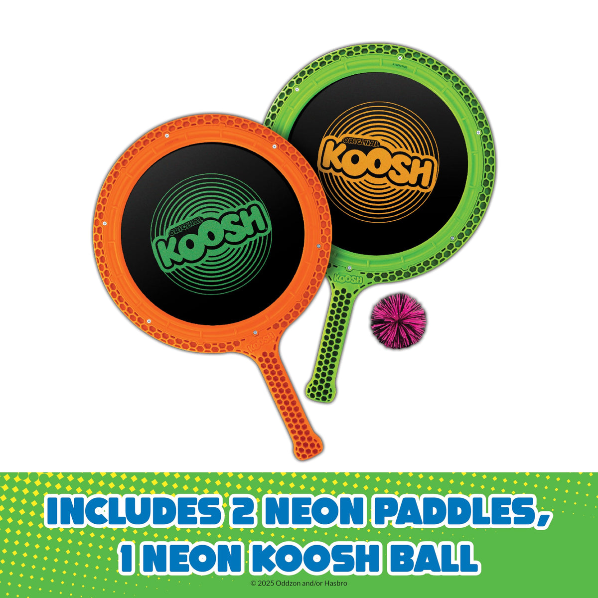 Side view of Koosh trampoline-style paddles and rubber ball