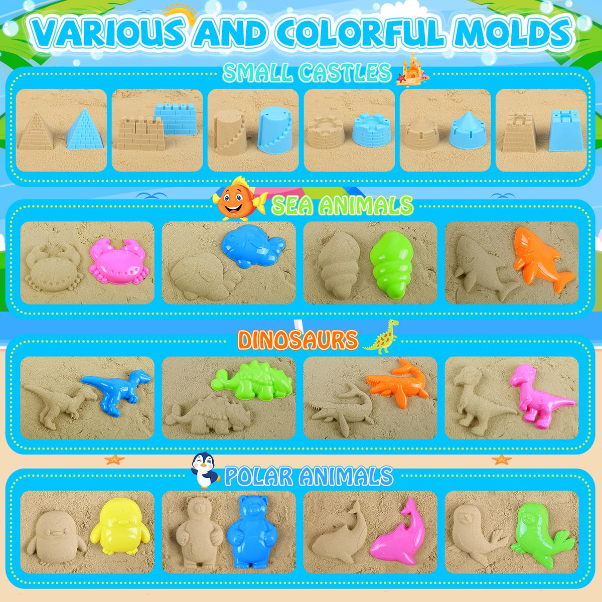 Top down view of 40 piece sand toy accessory kit