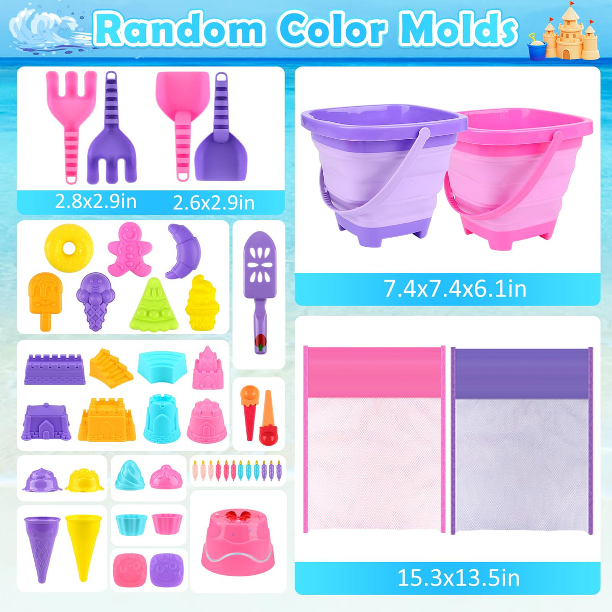 Collapsible buckets and beach tools set packed in mesh storage bags