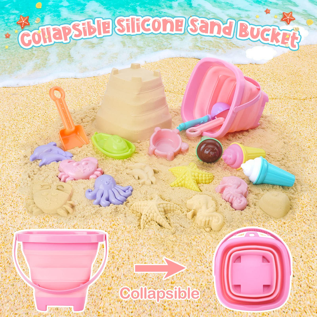 Toddler playing with Rezucrey ice cream sand molds at the beach
